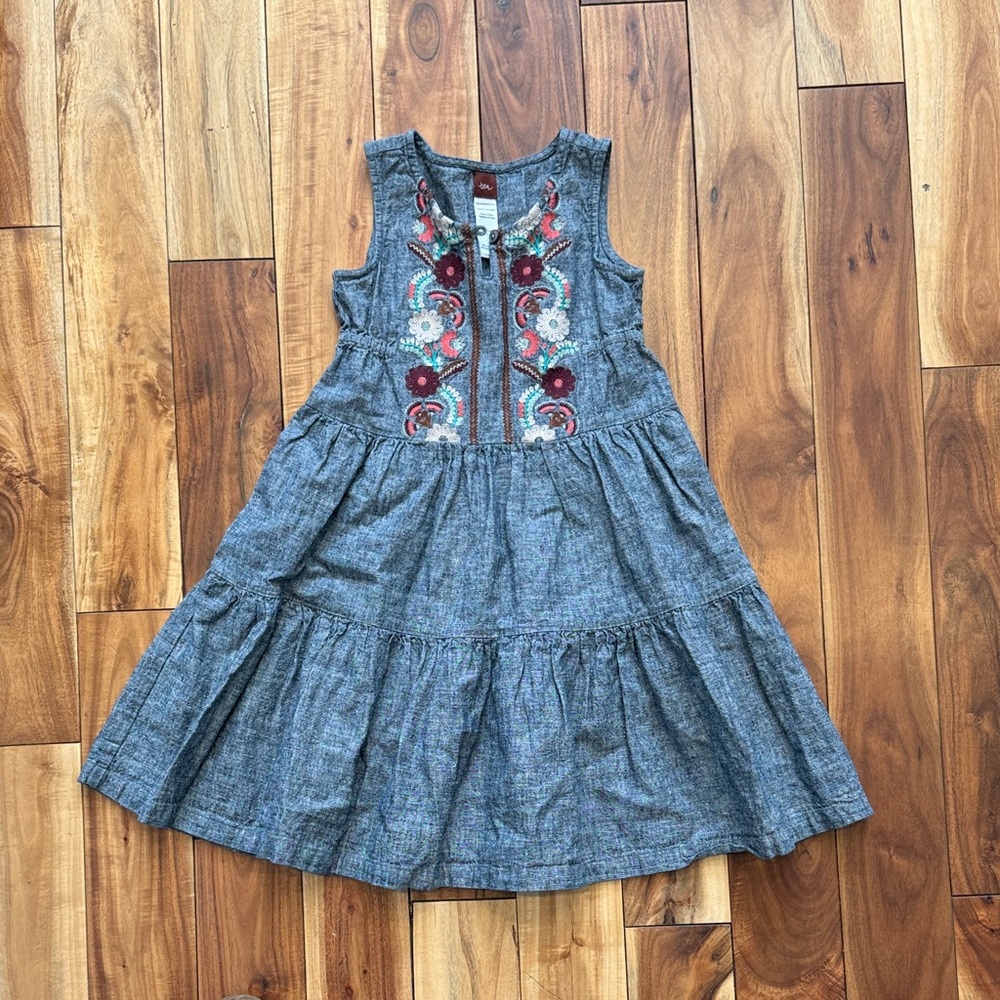 Tea Chambray Embroidered Kids Dress